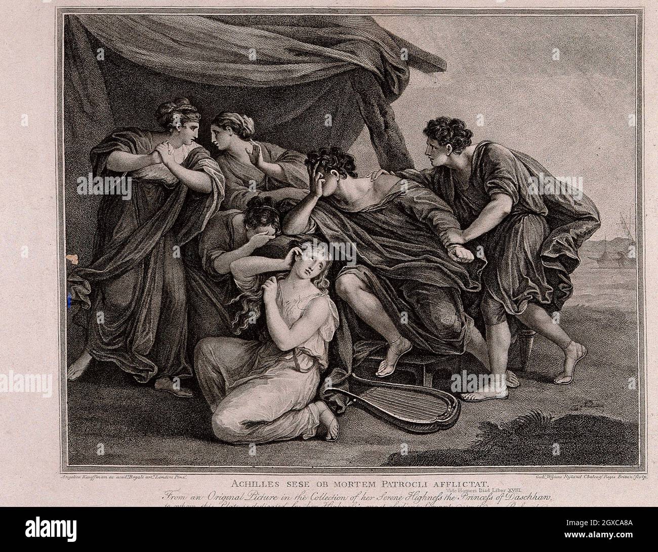 Achilles trauert um den Tod von Patroclus. Kupferstich von William Wynne Ryland nach Angelica Kauffman, 1777. - Beschreibung Patroclus, Stockfoto