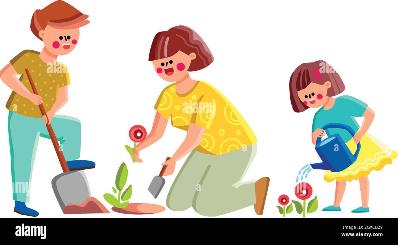 Mutter Mit Sohn Und Tochter Pflanze Blumen Vektor Stock Vektor