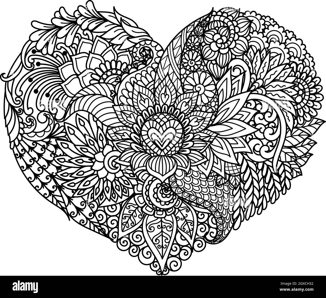 Abstrakte Blumen in Herzform zum Ausdrucken, Buch ausmalen, Seite ausmalen. Vektorgrafik Stock Vektor
