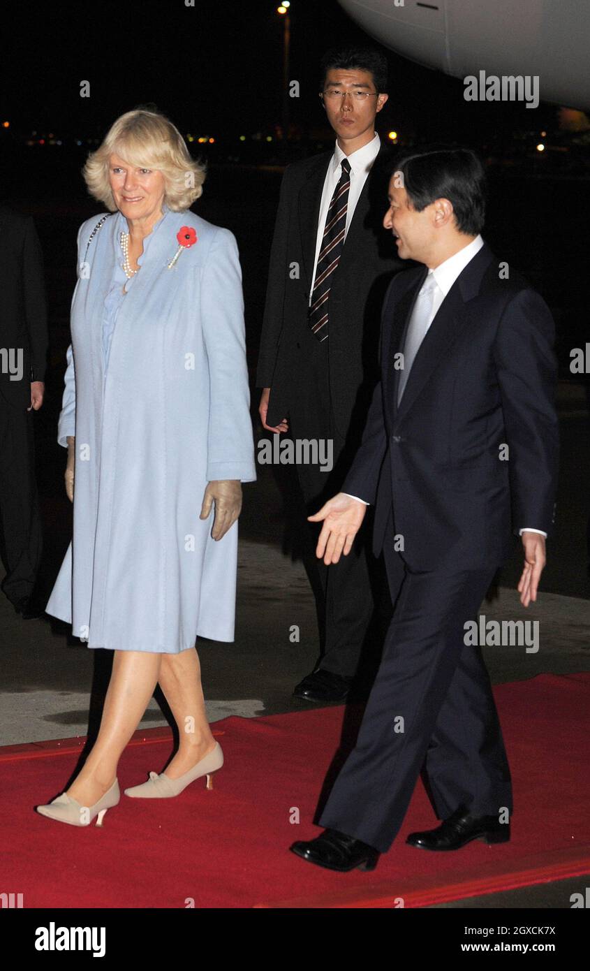 Kronprinz Naruhito von Japan begrüßt den Prinzen von Wales und die Herzogin von Cornwall am Haneda Airport in Tokio. Stockfoto