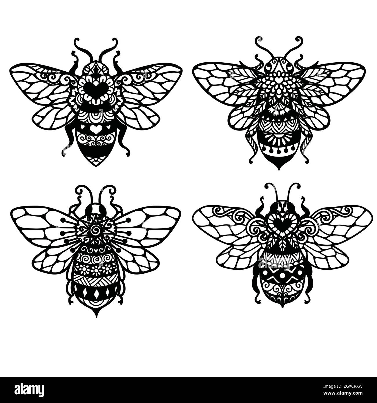 4 Stile orf Mandala Bienen für Erwachsene Malbuch, Druck, Gravur, Tattoo und so weiter. Vektorgrafik Stock Vektor