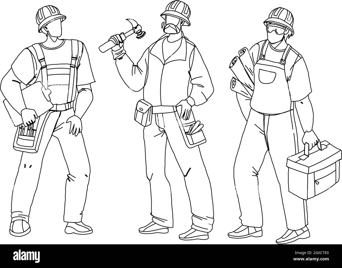 Bauherren Mit Gebäudeausrüstung Und Plan Vector Stock Vektor