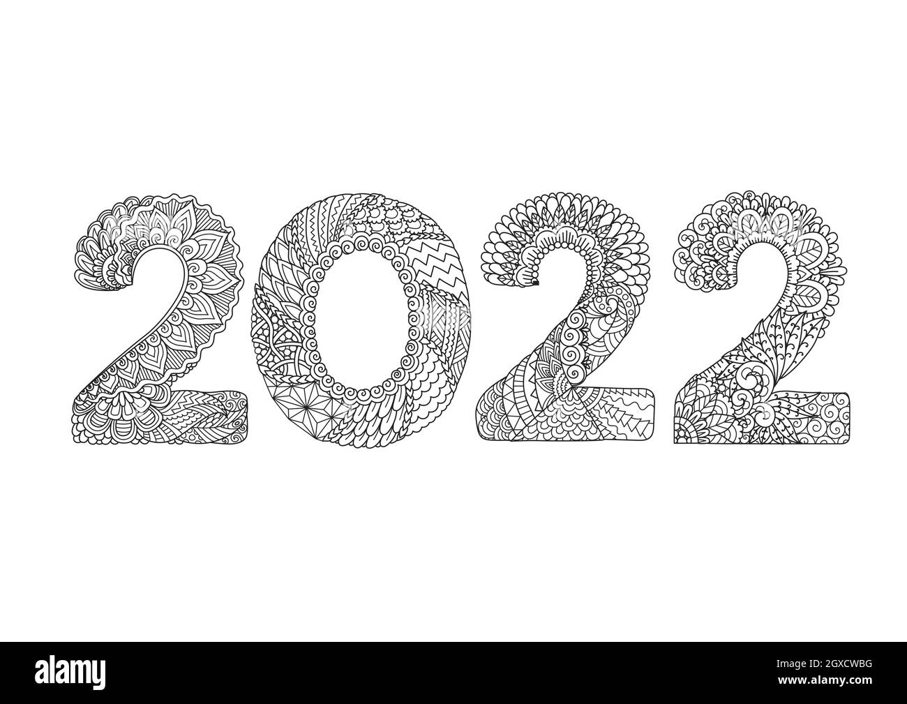 Mandala Kunst von 2022, glückliches neues Jahr, für Malbuch, Malseite, Gravur, Papier geschnitten und so weiter. Vektorgrafik Stock Vektor