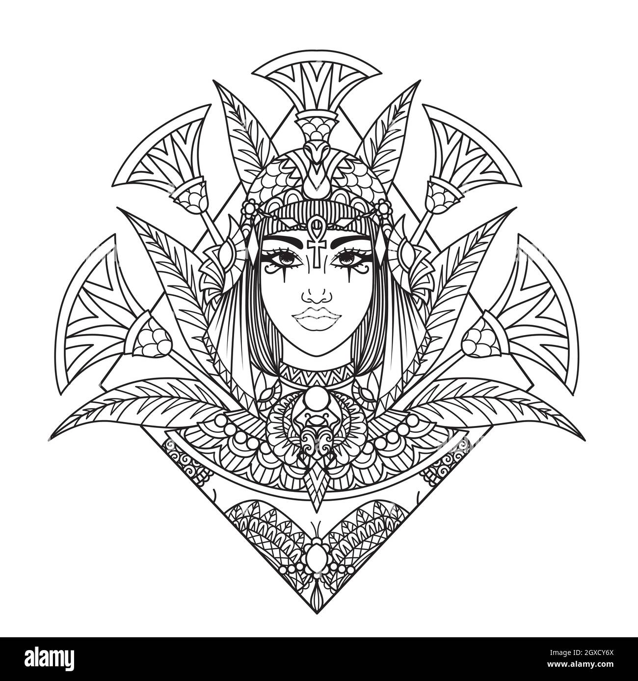 Mandala Art Cleopatra Kopf Illustration für Erwachsene Malbuch, Laser geschnitten, Papier schneiden, Gravur, Druck auf Produkt. Vektorgrafik. Stock Vektor