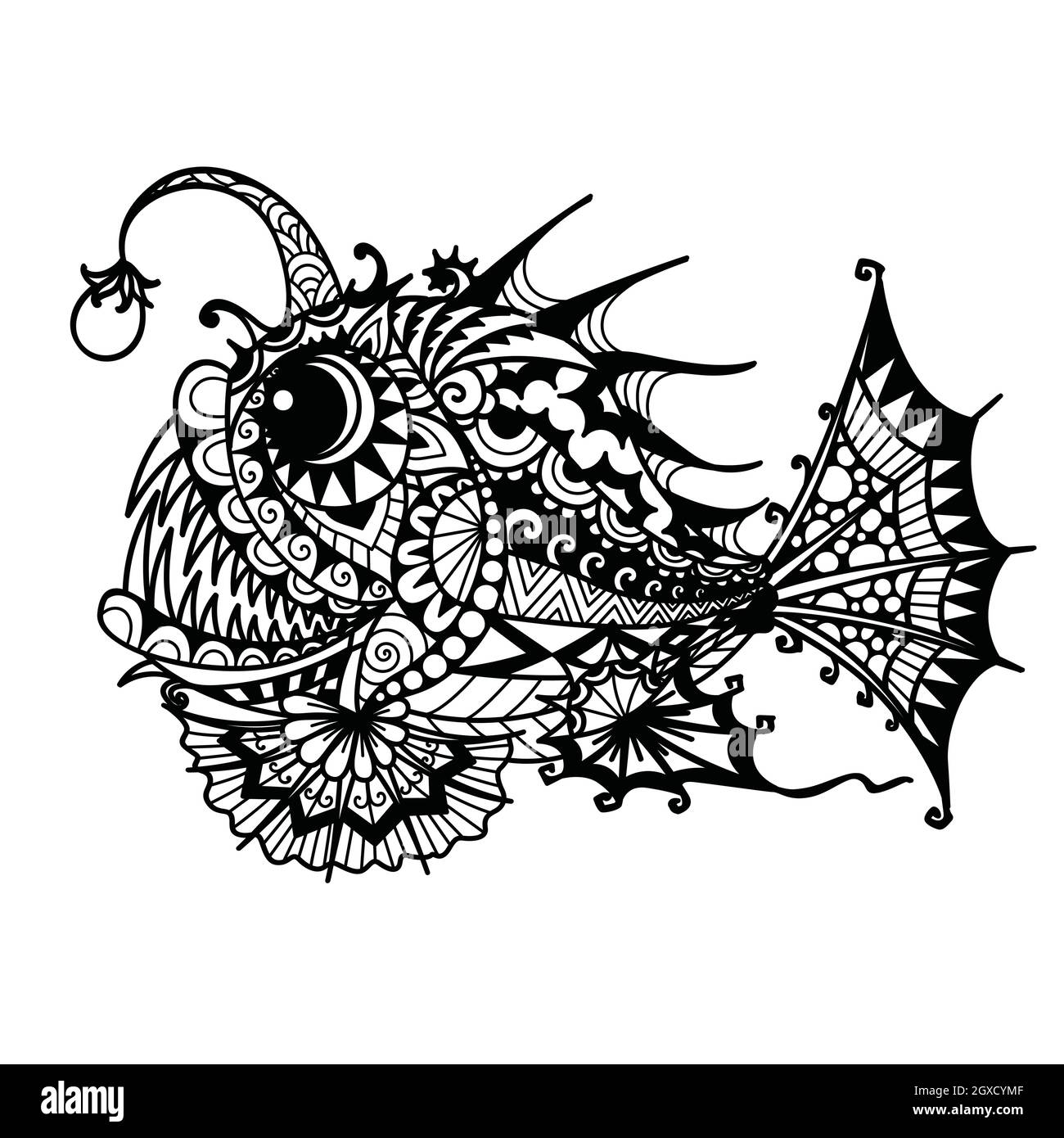 Mandala Anglerfish für Malbuch, Druck auf Produkt, Laserschneiden, eangraving und so weiter. Vektorgrafik. Stock Vektor