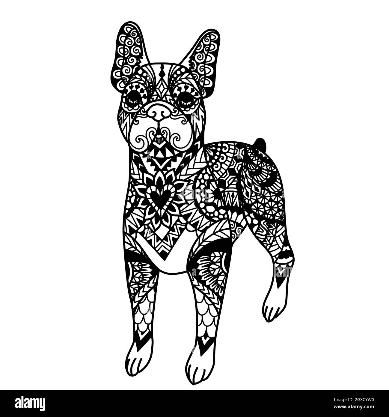 Mandala Boston Terrier Hund zum Drucken, Gravur, Laserschnitt, Malbuch und so weiter. Vektorgrafik Stock Vektor