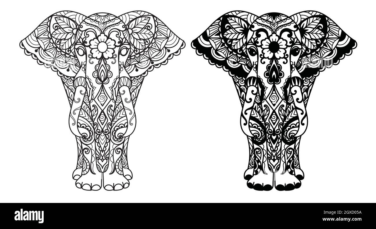 Zwei Arten von Mandala Elefant für den Druck, Gravur, Malbuch und so weiter. Vektorgrafik. Stock Vektor