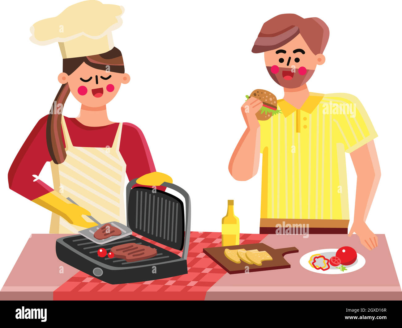 Indoor Grill Fry Meat Girl And Boy Together Vector Stock Vektor