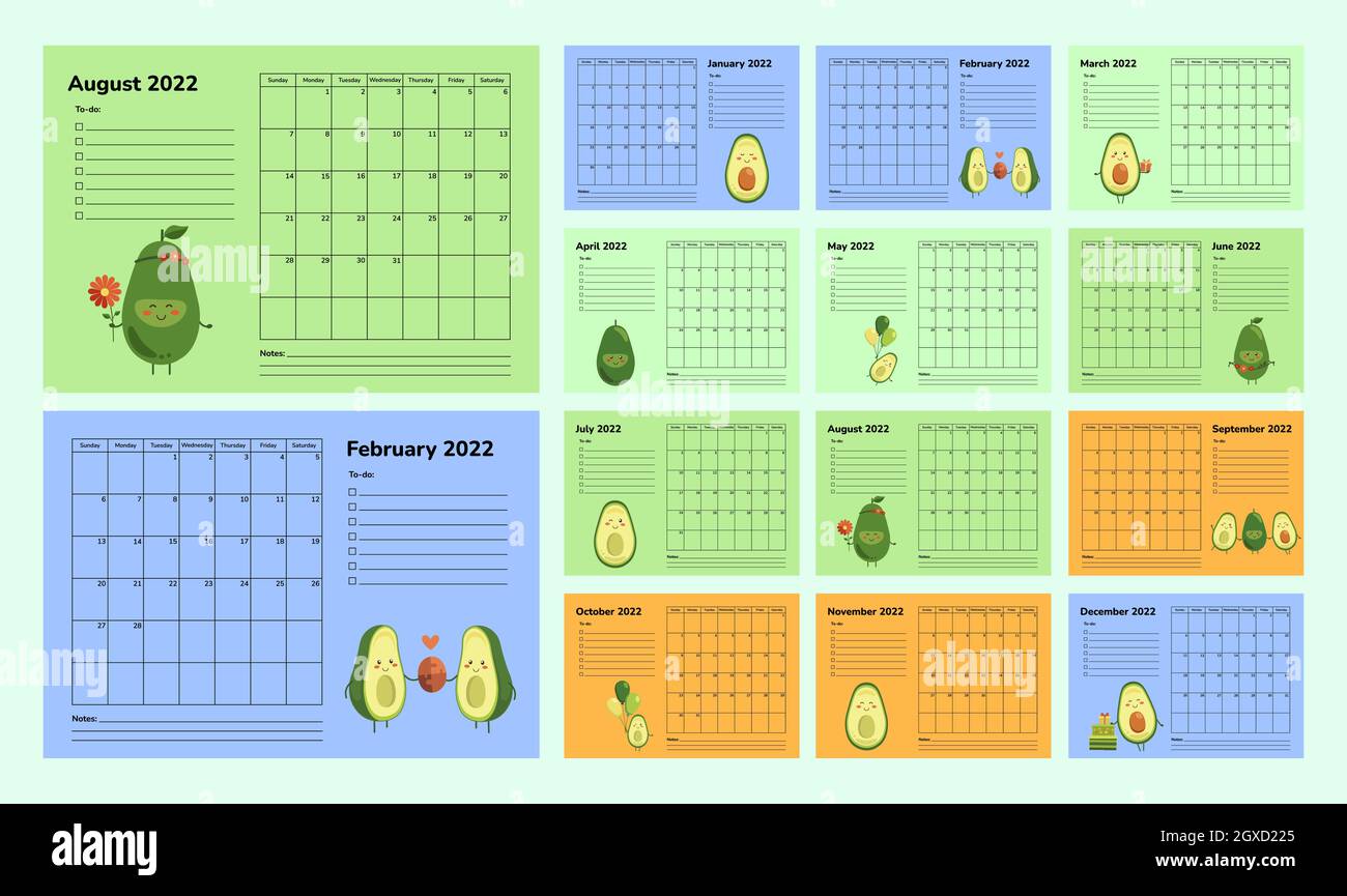 Horizontaler Kalender oder Planer 2022 mit Avocado. Satz von 12 monatlichen Seiten. Vektorvorlage für den Zeitplan des Zeitplaners. Niedliche Comic-Figuren. Gesunde Ernährung Stock Vektor
