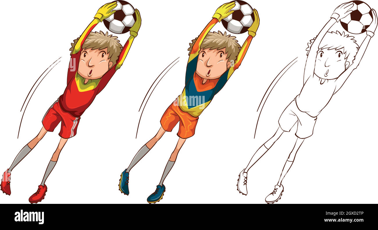 Fußballspieler in drei verschiedenen Zeichnungsstilen Stock Vektor