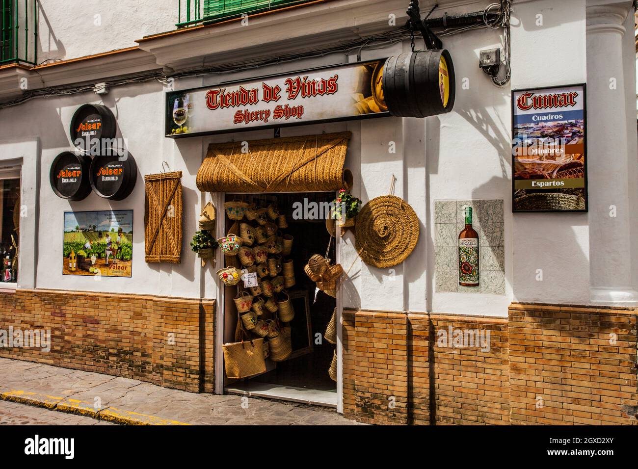 Sherry-Shop, Sanlucar de Barrameda, Weiße Städte, Pueblos Blancos, Provinz Cááiz, Andalusien, Spanien, Europa. Stockfoto