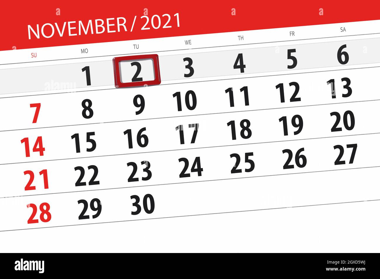 Kalenderplaner für den Monat november 2021, Stichtag, 2, dienstag. Stockfoto