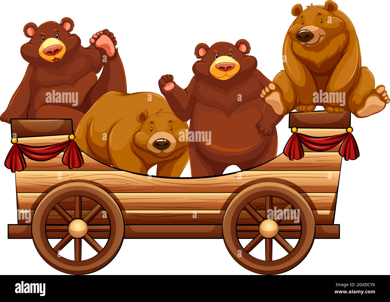 Vier Bären stehen auf dem Holzwagen Stock Vektor