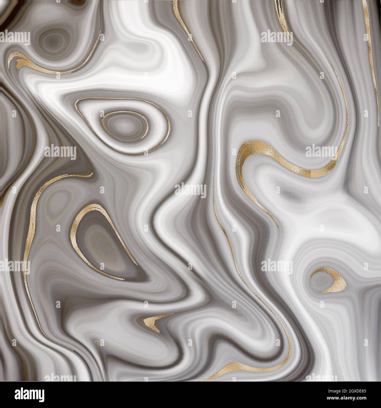 Schöner grauer abstrakter Marmorachat mit goldenen Adern. Abstrakte Marmorierung Achat Textur und glänzend Gold Kurven Hintergrund. Horizontale Flüssigkeit Marmorierung ef Stockfoto