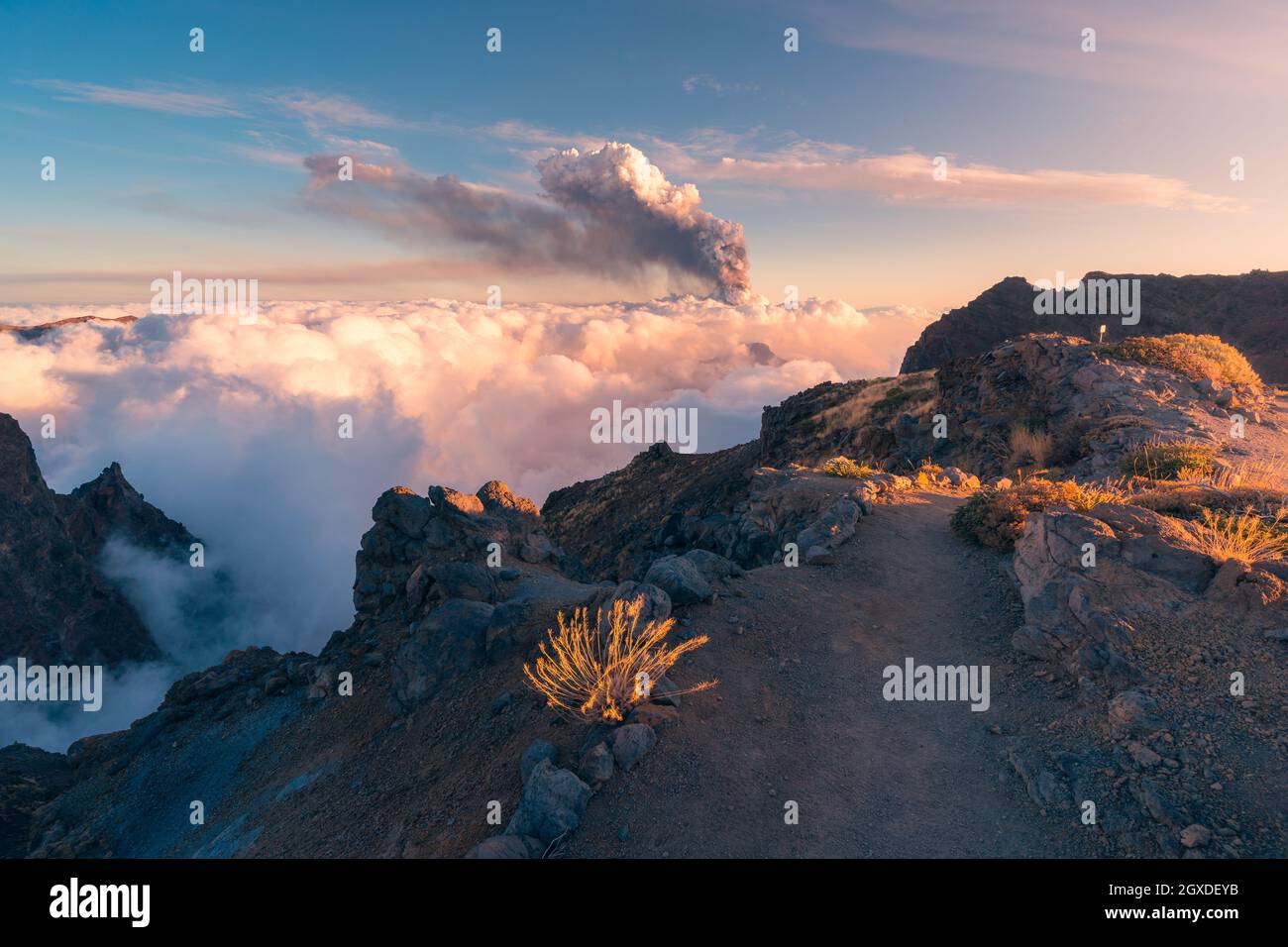 Sonnenaufgang auf einem Höhenweg inmitten weicher, dicker weißer Wolken und dem Ausbruch eines Vulkans im Hintergrund. Cumbre Vieja vulkanische Eruptio Stockfoto