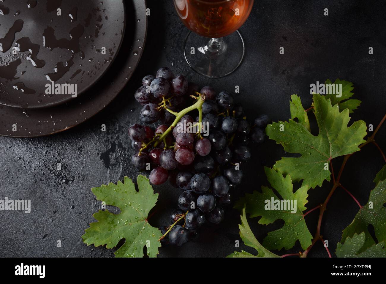 Bund dunkelblauer / schwarzer Trauben mit Blättern an Schwarzer Hintergrund Stockfoto