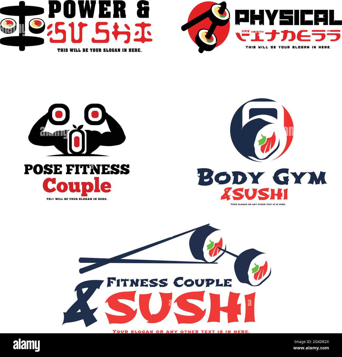 Set Fitness-Studio japanische Küche Sushi-Logo-Design Stock Vektor