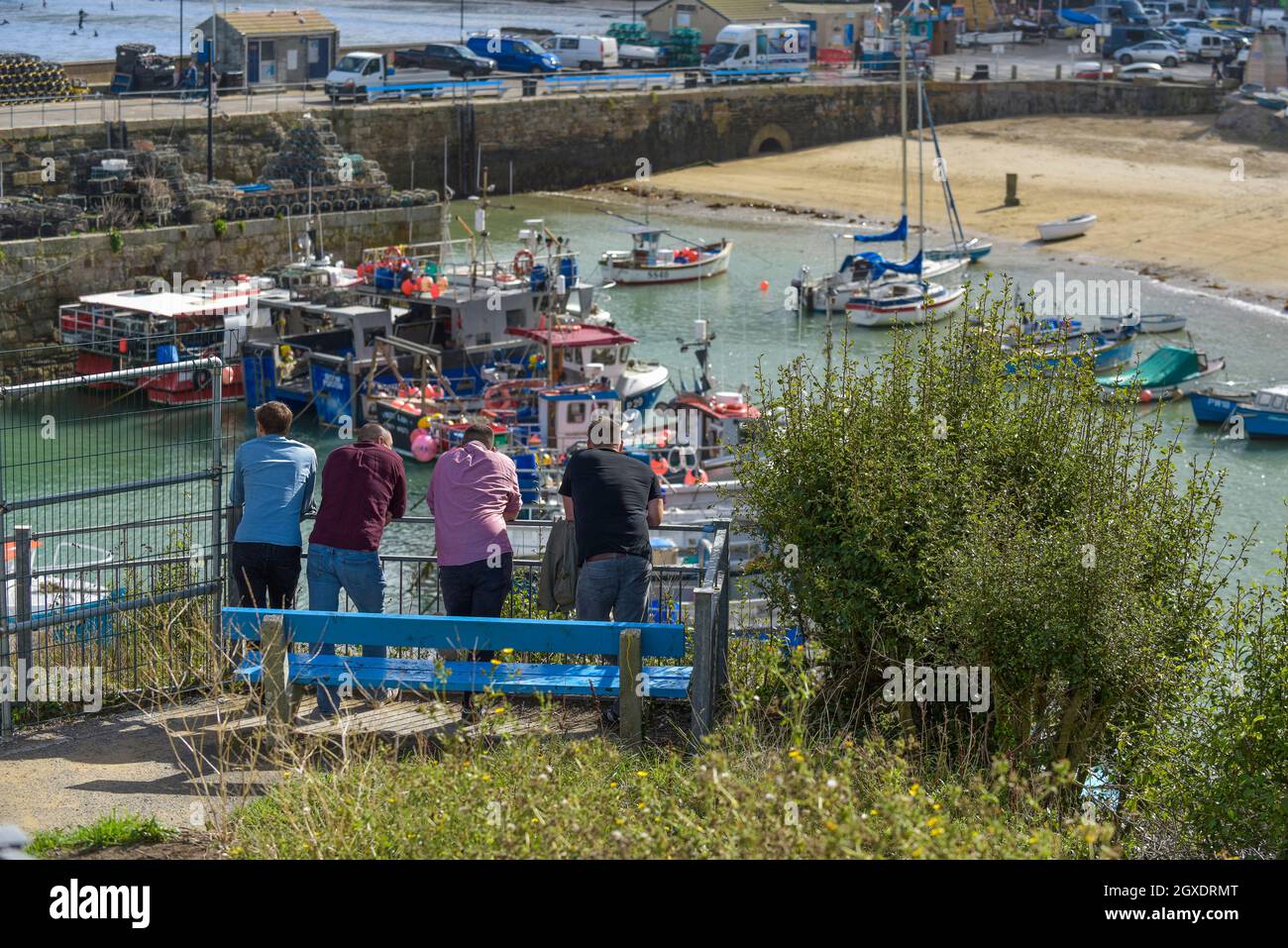 Eine Gruppe von männlichen Urlaubern, die sich entspannen und den Blick auf Newquay Harbour in Cornwall genießen. Stockfoto