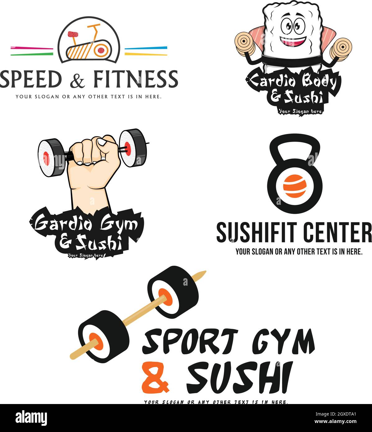 Set von Fitness-Studio Sushi Cartoon Charakter Logo-Design Stock Vektor