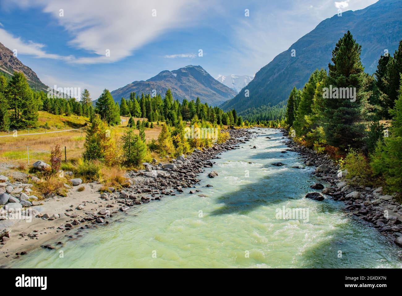 Val Roseg mit dem pizzo bernina im Hintergrund Stockfoto
