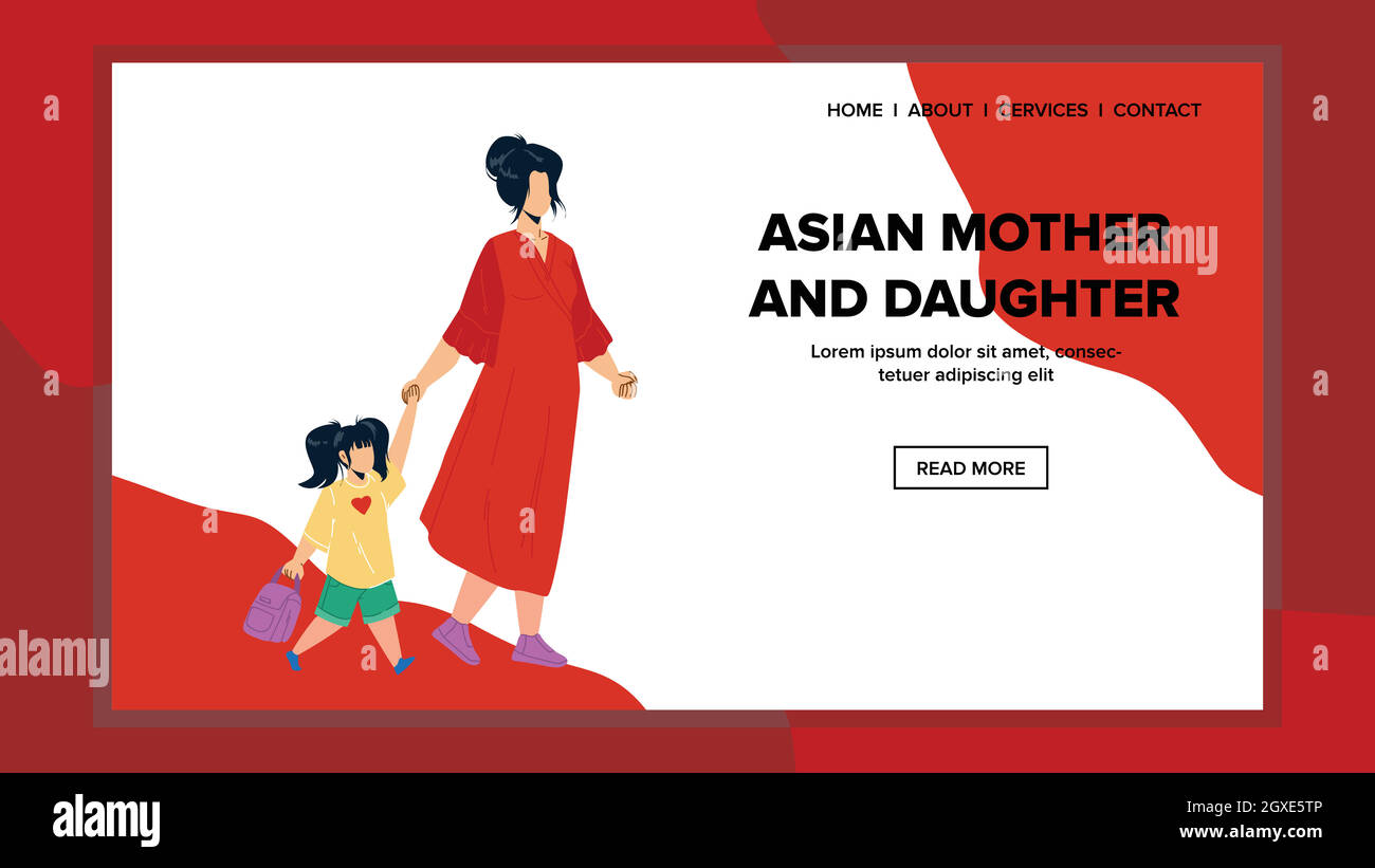 Asiatische Mutter Und Tochter Spaziergang Im Freien Vektor Stock Vektor