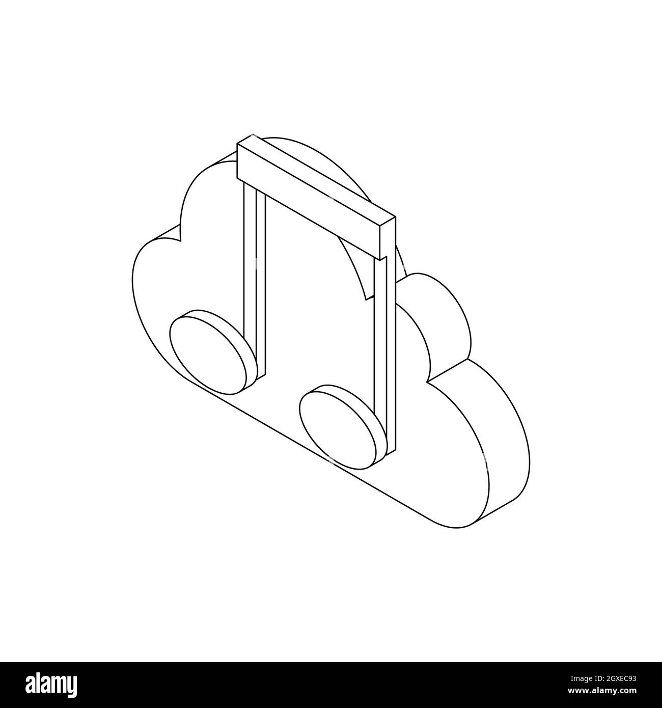 Symbol für Musiknoten im isometrischen 3d-Stil, isoliert auf weißem Hintergrund. Multimedia-Musiknoten mit Cloud Stockfoto