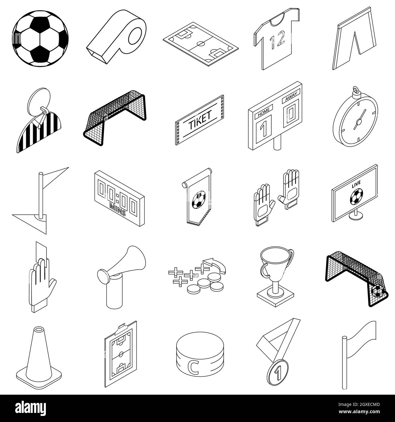 Fußballsymbole im isometrischen 3d-Stil auf weißem Hintergrund Stockfoto