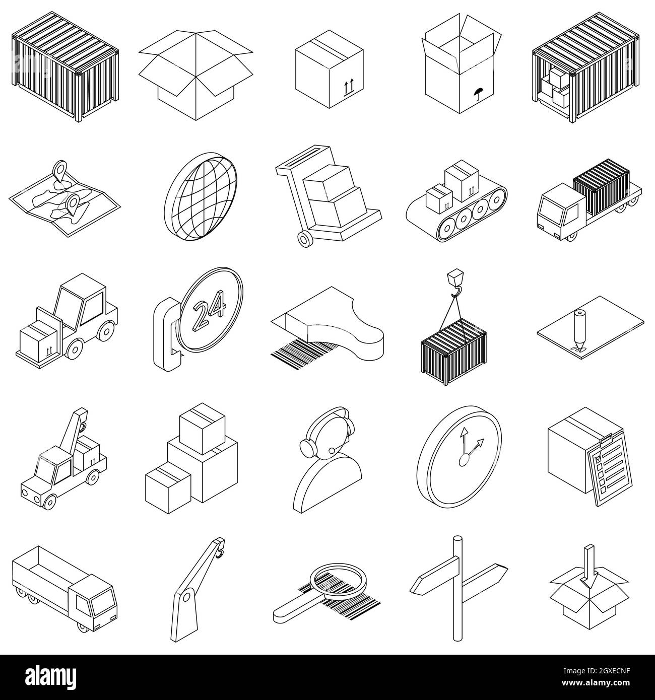 Logistiksymbole in isometrischem 3d auf weißem Hintergrund Stockfoto