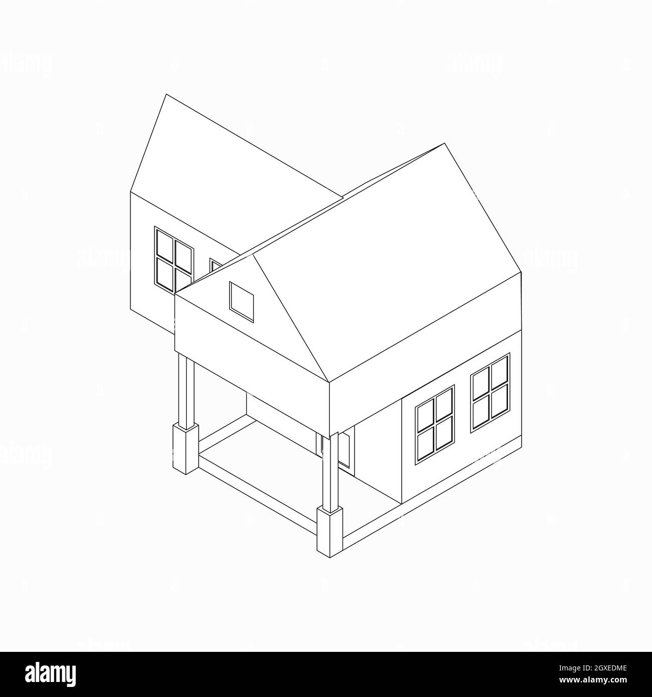 Freistehendes Haus mit Veranda-Ikone im isometrischen 3d-Stil isoliert auf weißem Hintergrund Stockfoto