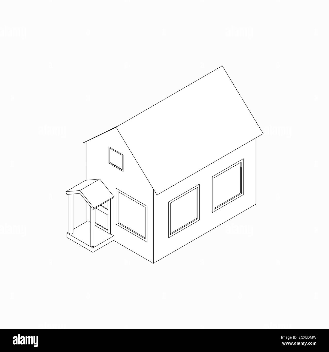 Bungalow mit Veranda-Symbol im isometrischen 3d-Stil isoliert auf weißem Hintergrund Stockfoto