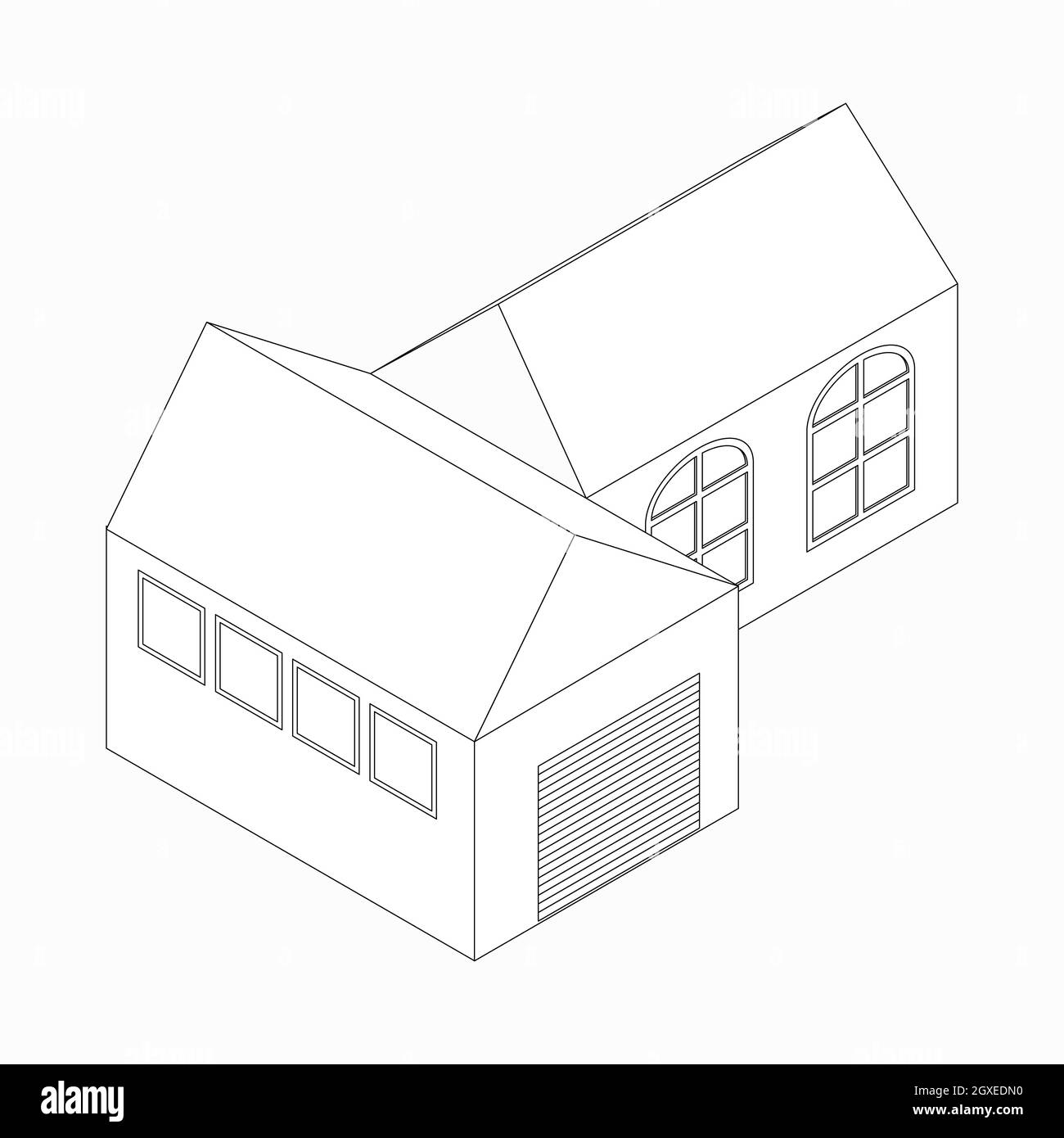 Freistehendes Haus mit Garage Symbol im isometrischen 3d-Stil isoliert auf weißem Hintergrund Stockfoto