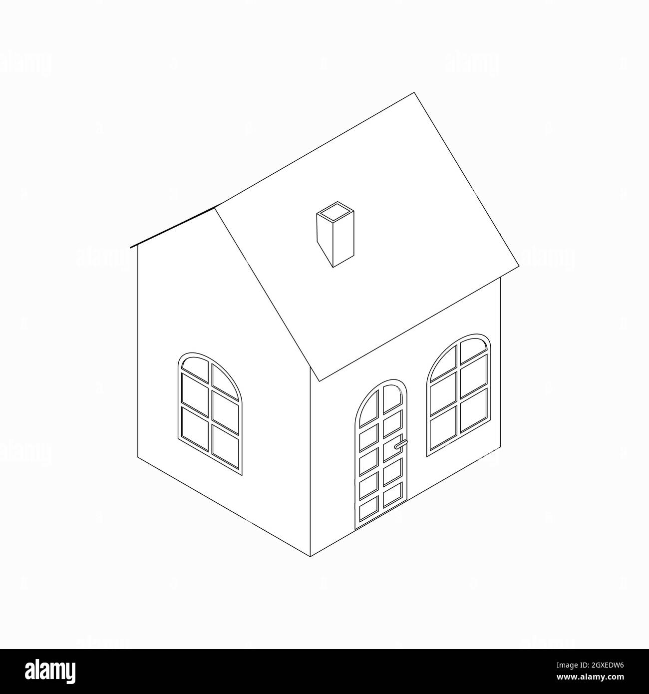 Kleines Haus mit Pipe Icon im isometrischen 3d Stil isoliert auf weißem Hintergrund Stockfoto