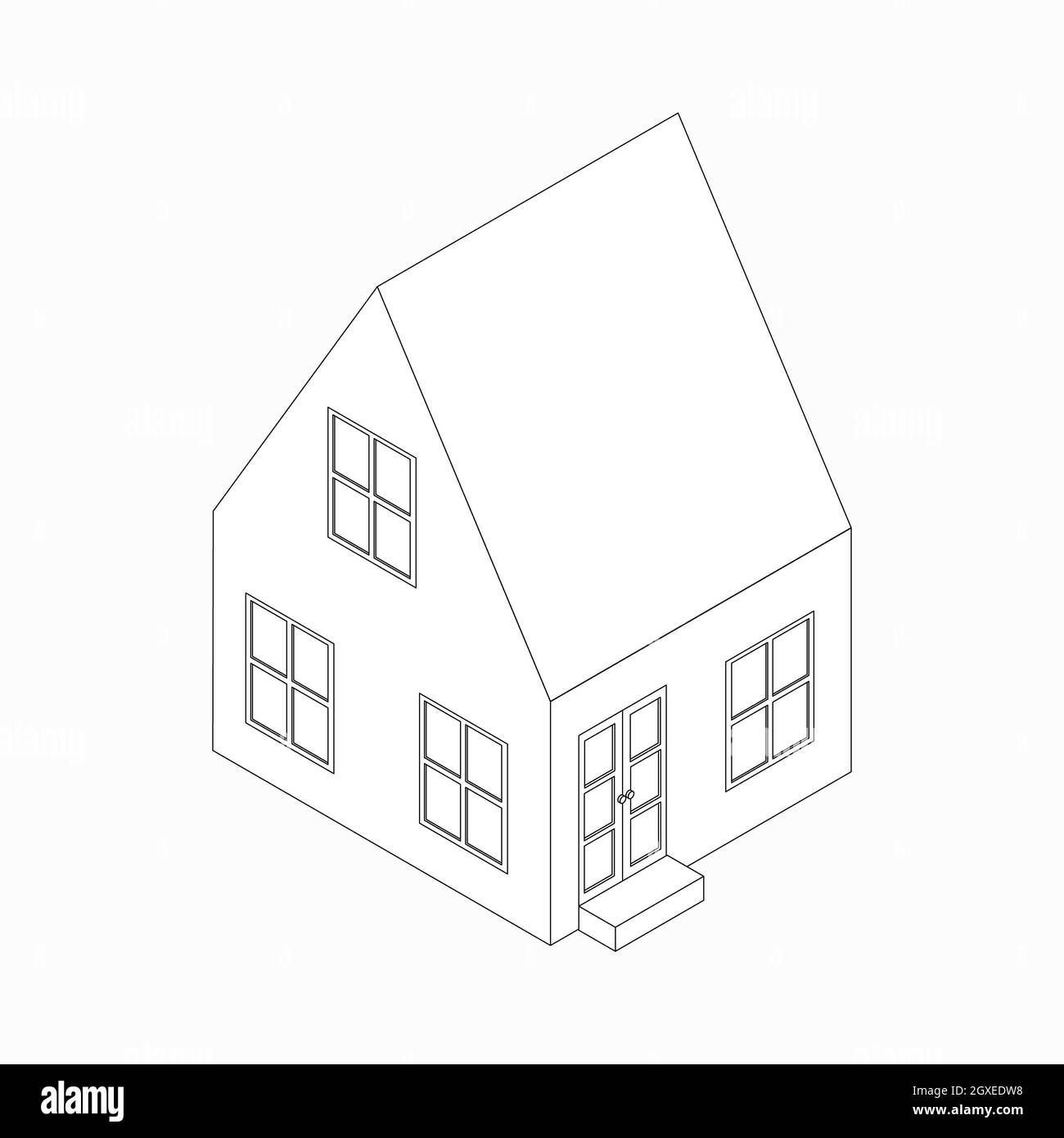 Zweistöckiges Landhaus mit einem schrägen Dach-Symbol im isometrischen 3d-Stil, isoliert auf weißem Hintergrund Stockfoto