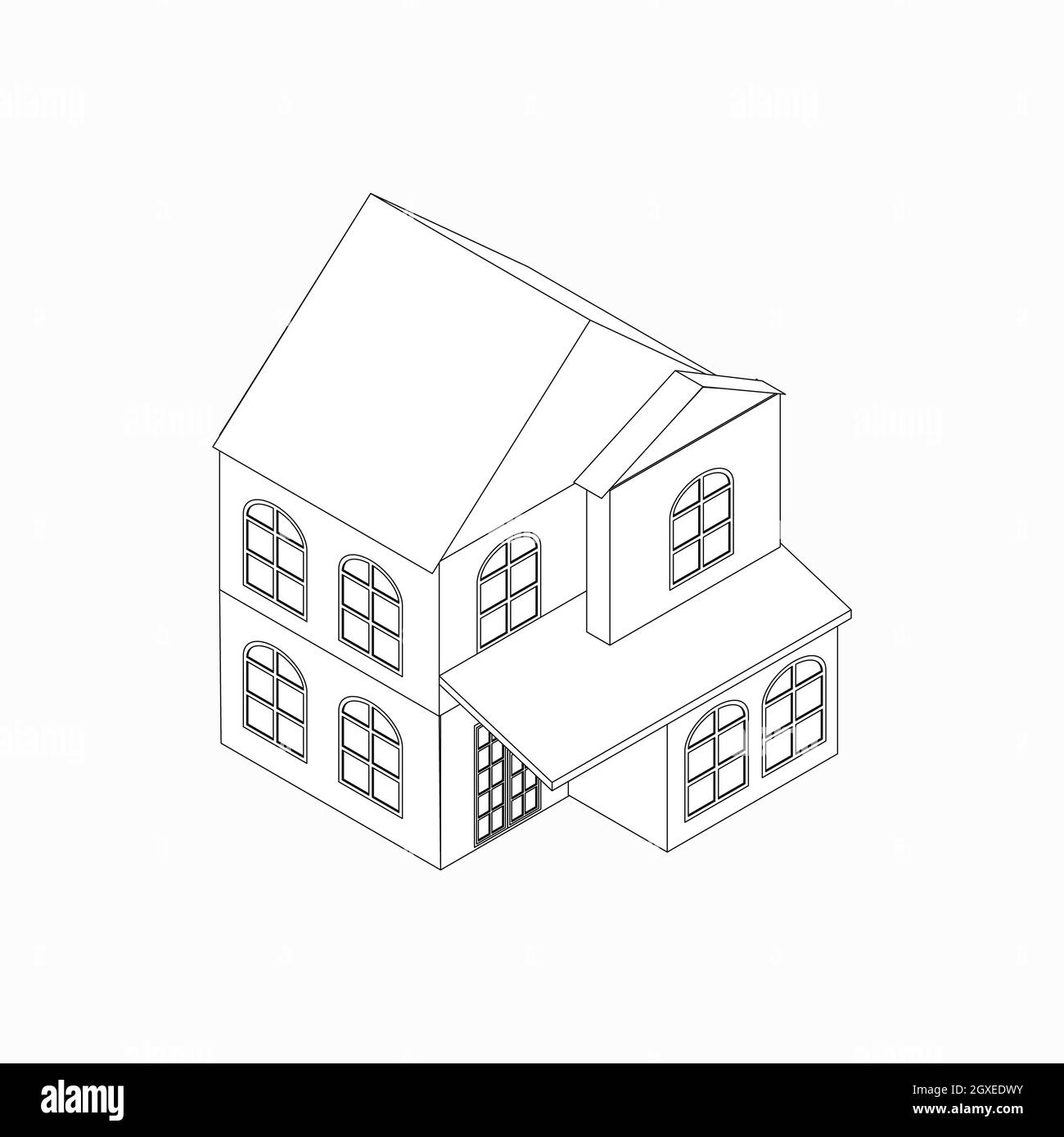 Zweistöckiges Einfamilienhaus-Symbol im isometrischen 3d-Stil isoliert auf weißem Hintergrund Stockfoto