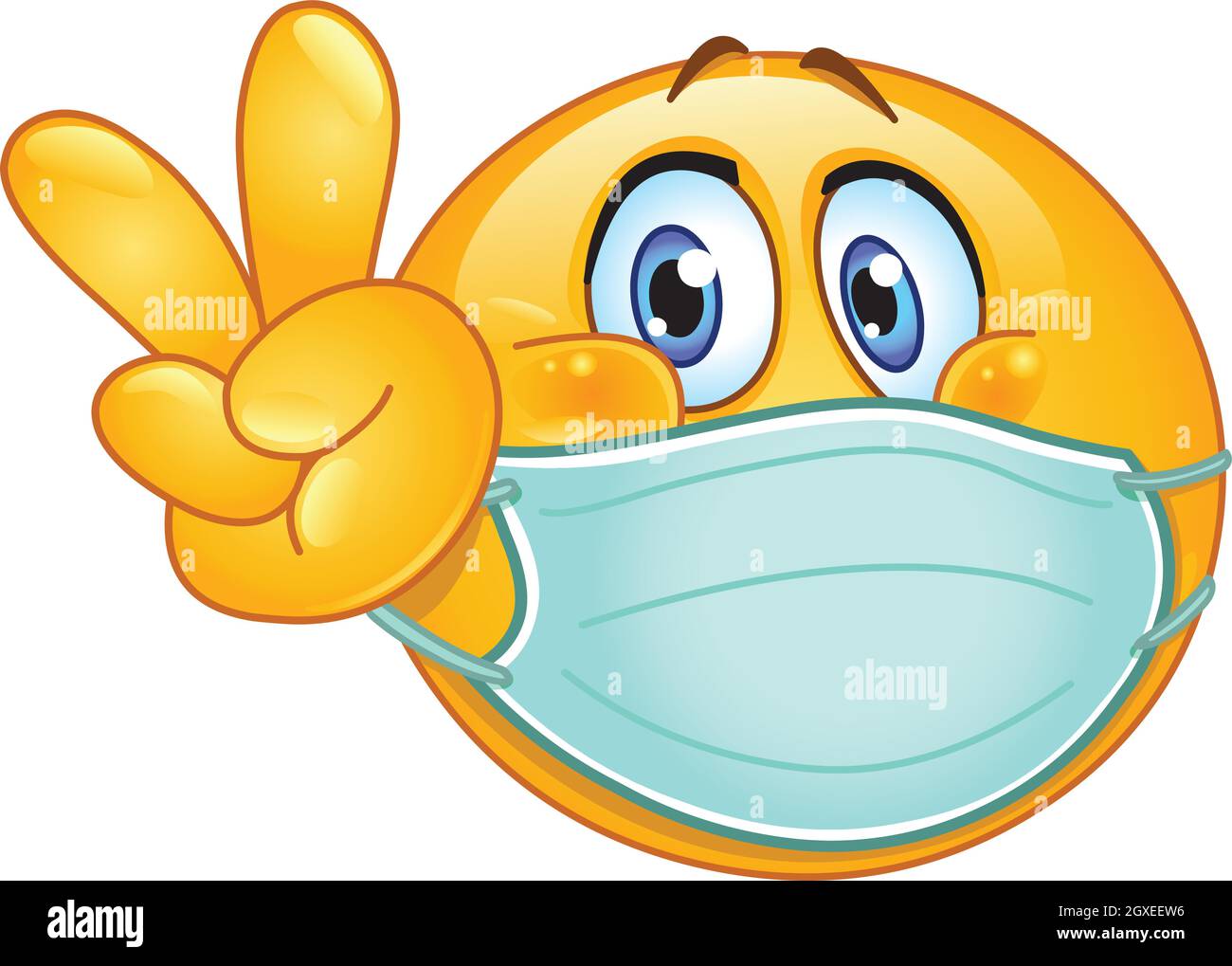 Emoji-Emoticon mit medizinischer Maske über dem Mund macht V-Zeichen. Frieden, Sieg oder vegane Geste. Stock Vektor