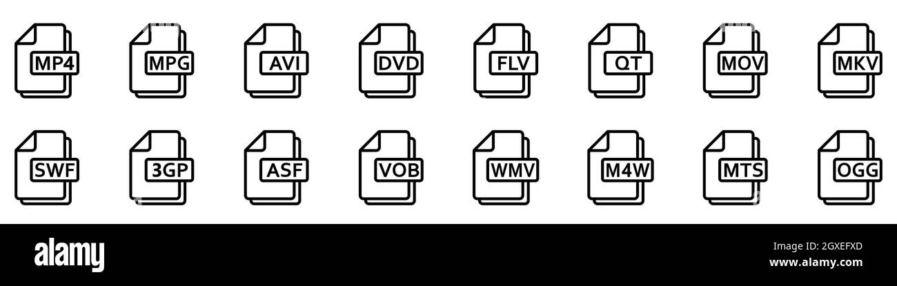 Videodateiformate. Satz von linearen Symbolen verschiedener Videoformate. Symbole für Videodateien. Vektorgrafik. Stock Vektor