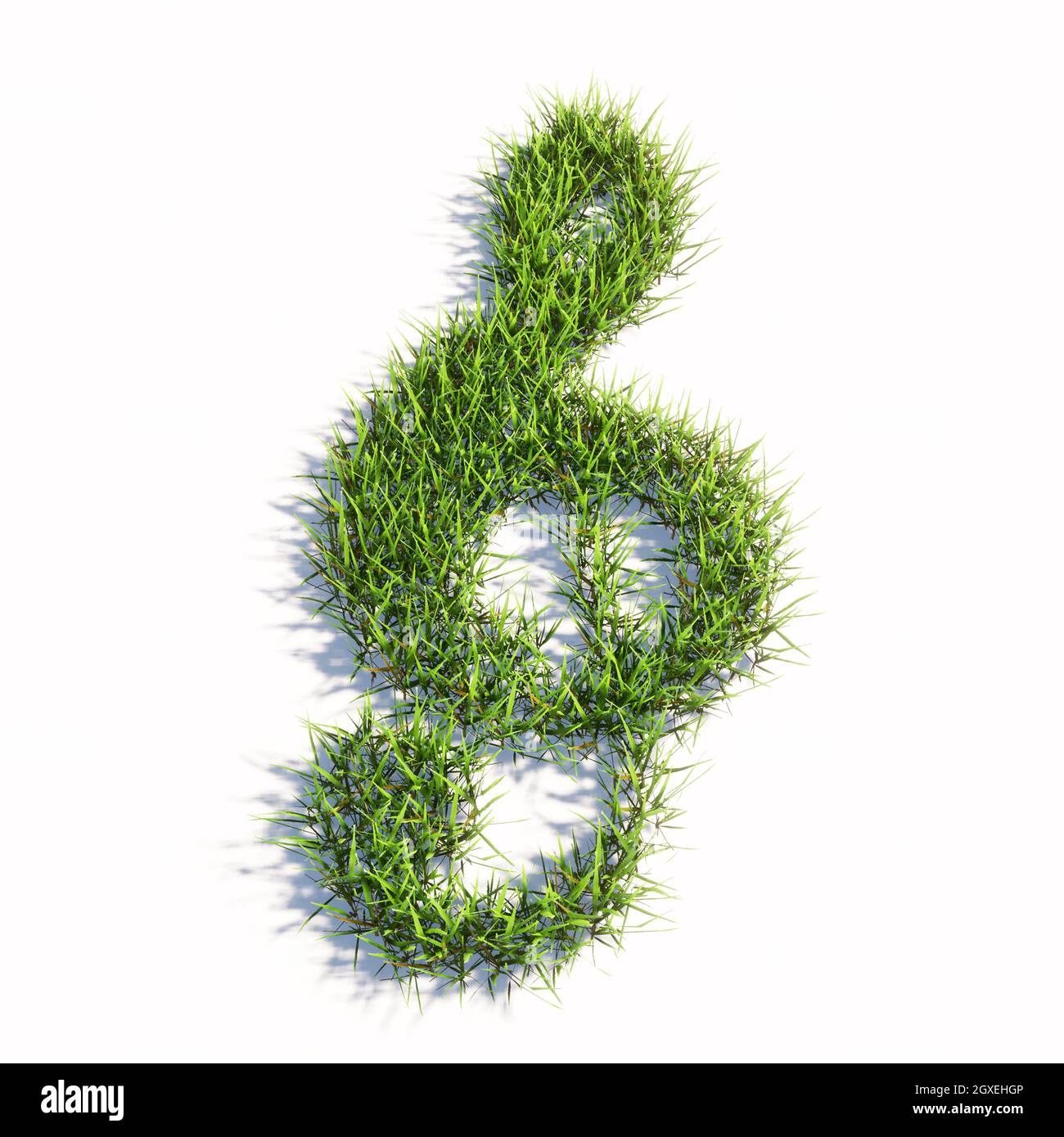 Konzept oder konzeptuelle grüne Sommer Rasen Gras Symbol Form isoliert weißen Hintergrund, Zeichen einer musikalischen Note. 3D Illustration Metapher für Musik Stockfoto