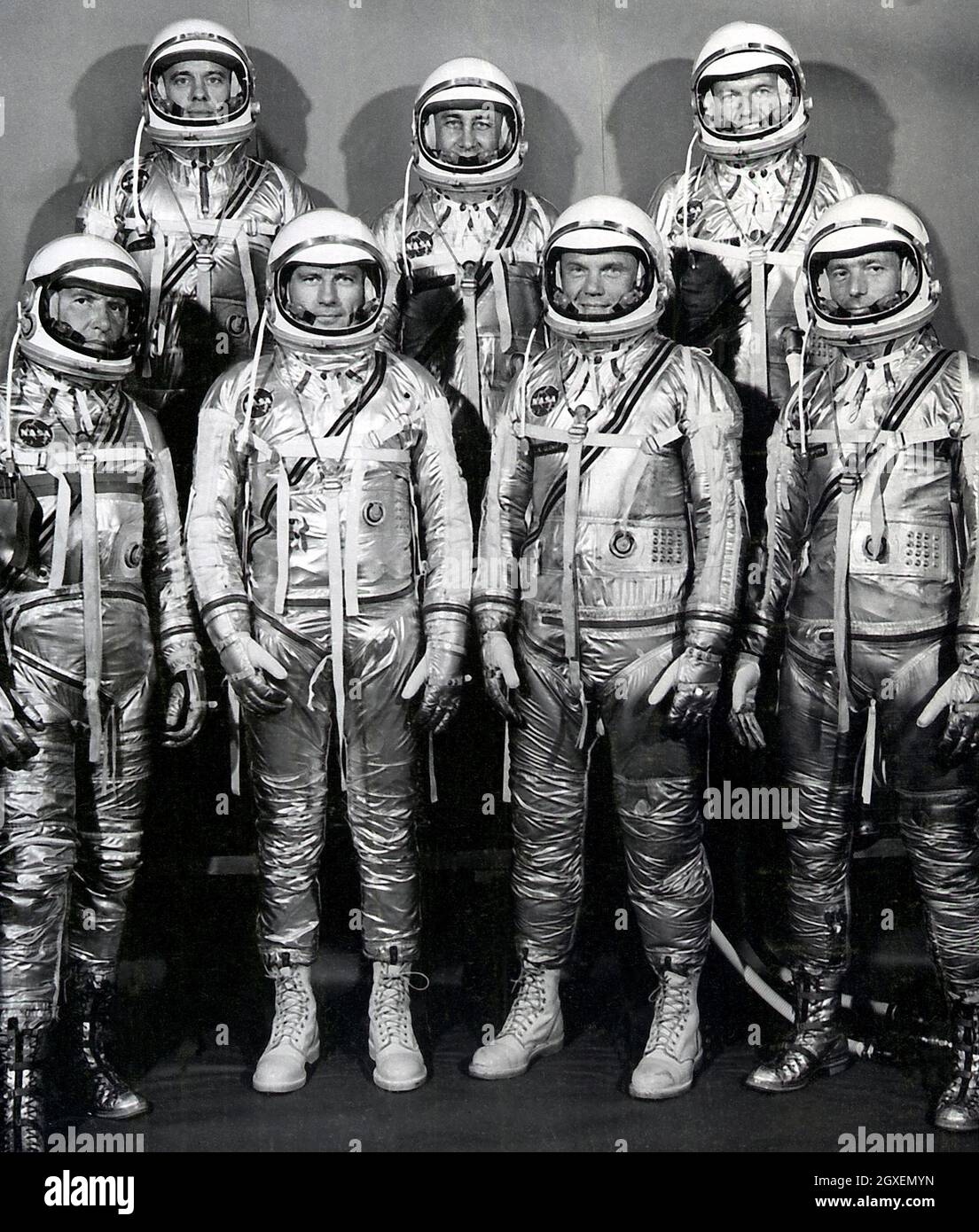 Gruppenportrait der Original Seven Astronauts für das Mercury-Projekt: (L bis R) Schirra, Walter-M; Slayton, Donald : Glenn, John-W; Zimmermann, Scott. Shepard, Alan -B; Grissom, Virgil-L: Cooper, L-Gordon Stockfoto