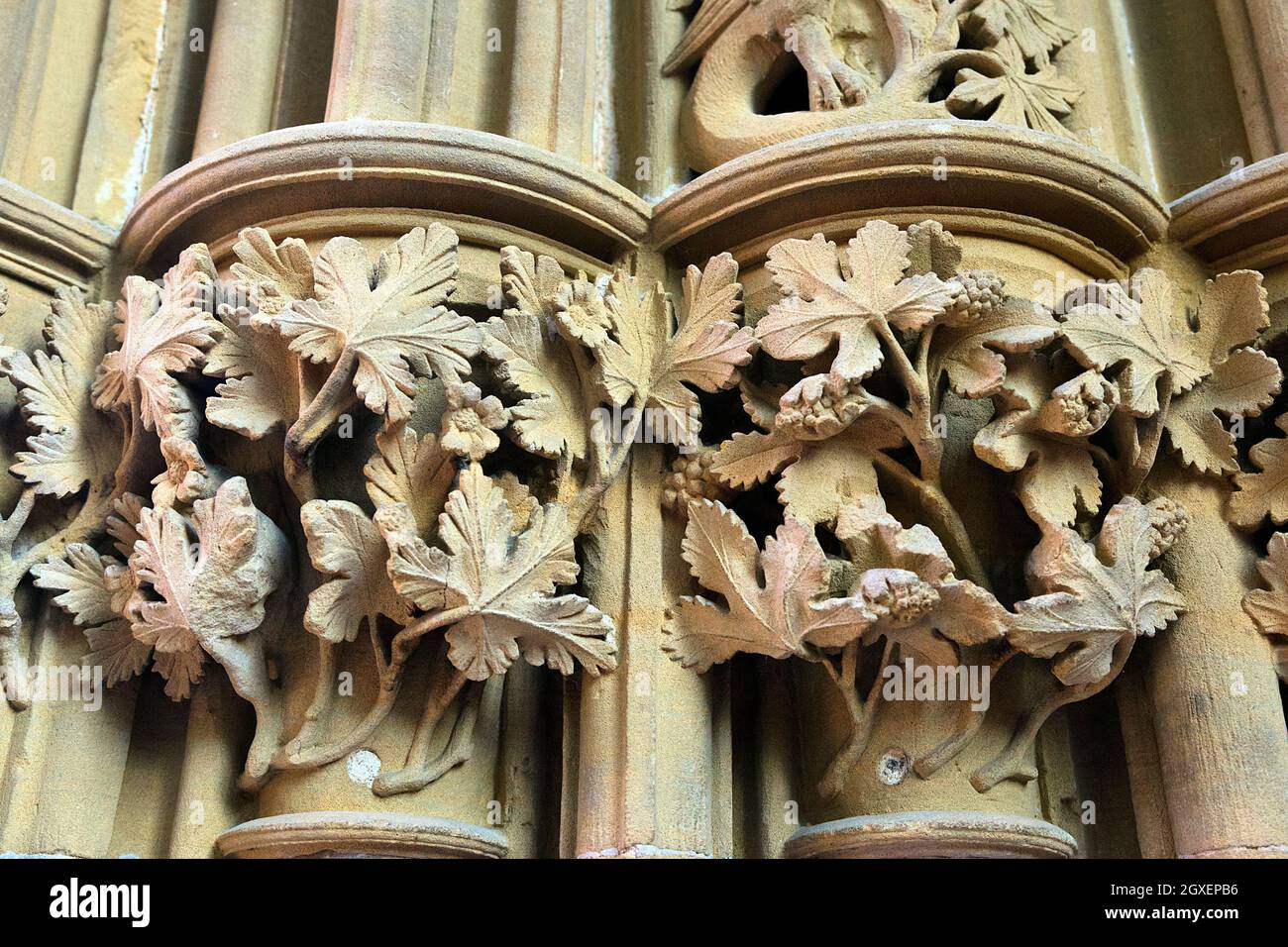 Southwell Minster Chapter House Verwickelte Steinschnitzereien in Nottinghamshire, England, Großbritannien Stockfoto