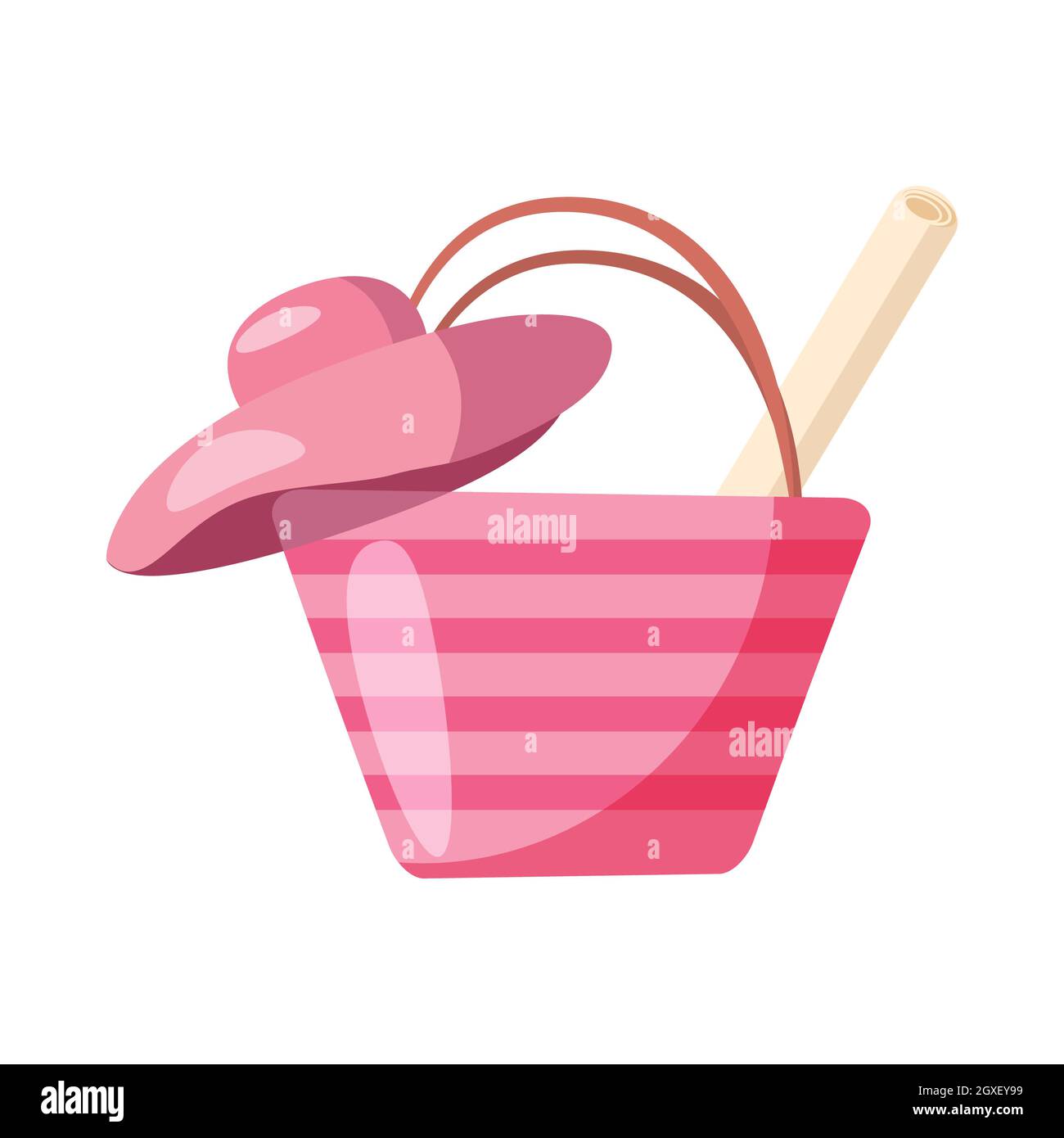 Rosa Strandtasche und Hut-Ikone im Cartoon-Stil auf weißem Hintergrund Stockfoto