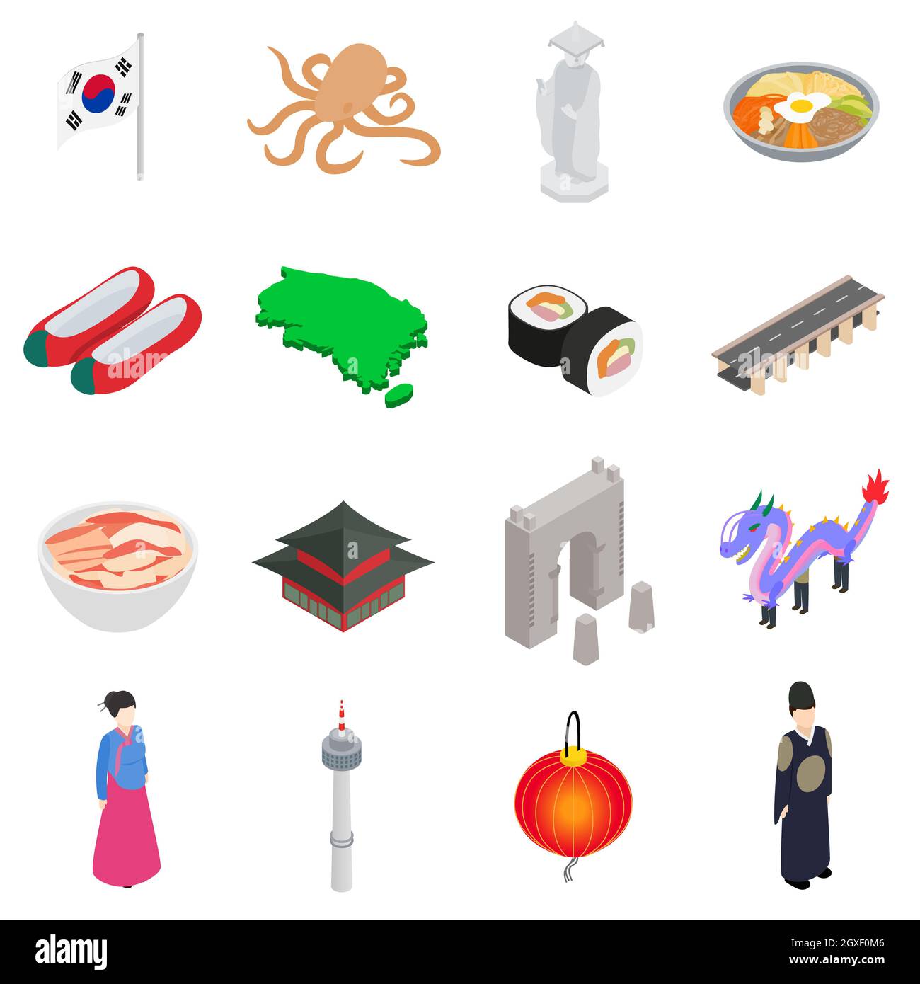 Südkorea Symbole in isometrischer 3D-Stil auf weißem Hintergrund einstellen Stockfoto