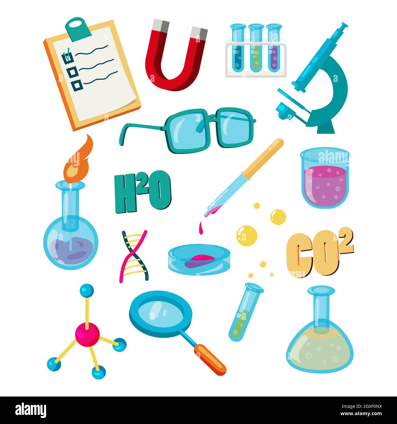 Science-Symbole setzen Cartoon-Stil isoliert auf weißem Hintergrund Stockfoto