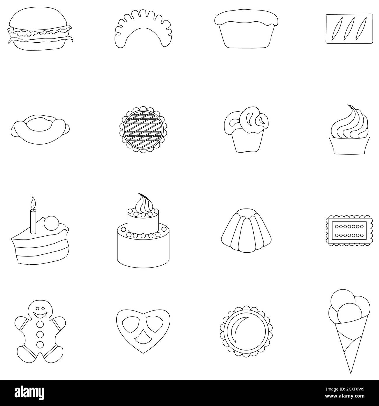Bäckereisymbole im dünnen Linienstil, isoliert auf weißem Hintergrund Stockfoto