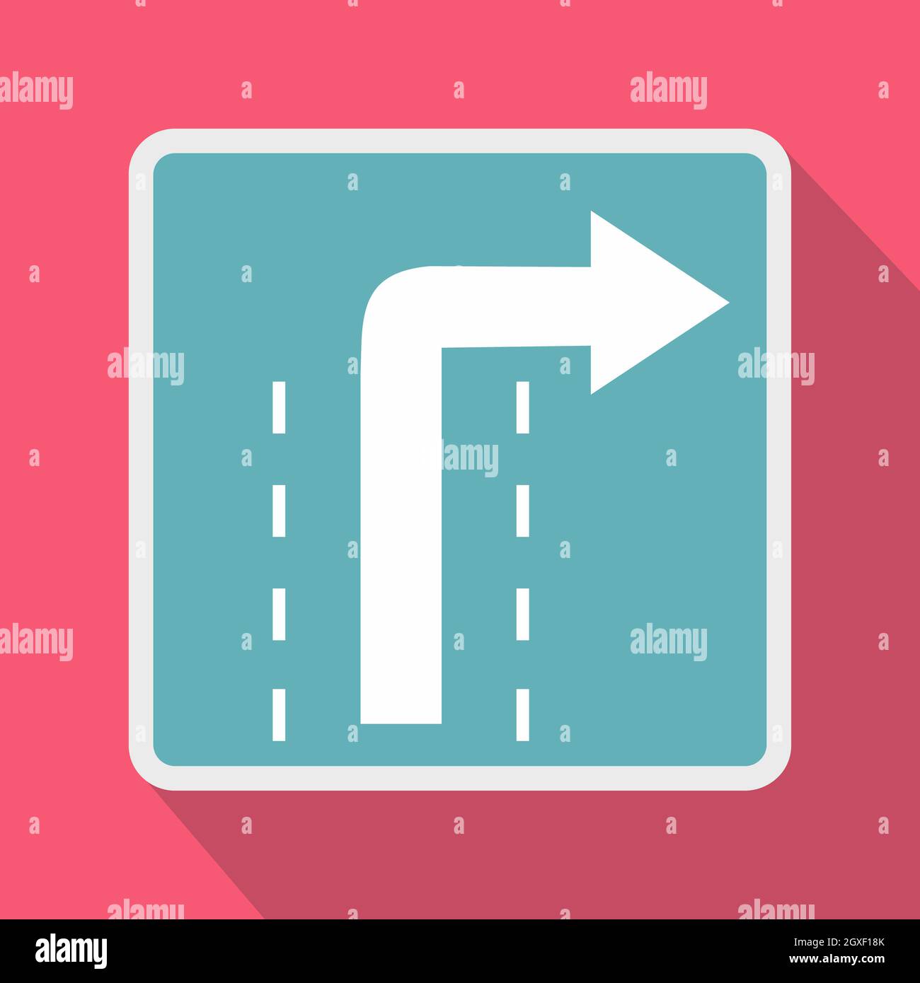 Rechts abbiegen Verkehrszeichensymbol in flachem Stil auf einem rosa Hintergrund Stockfoto