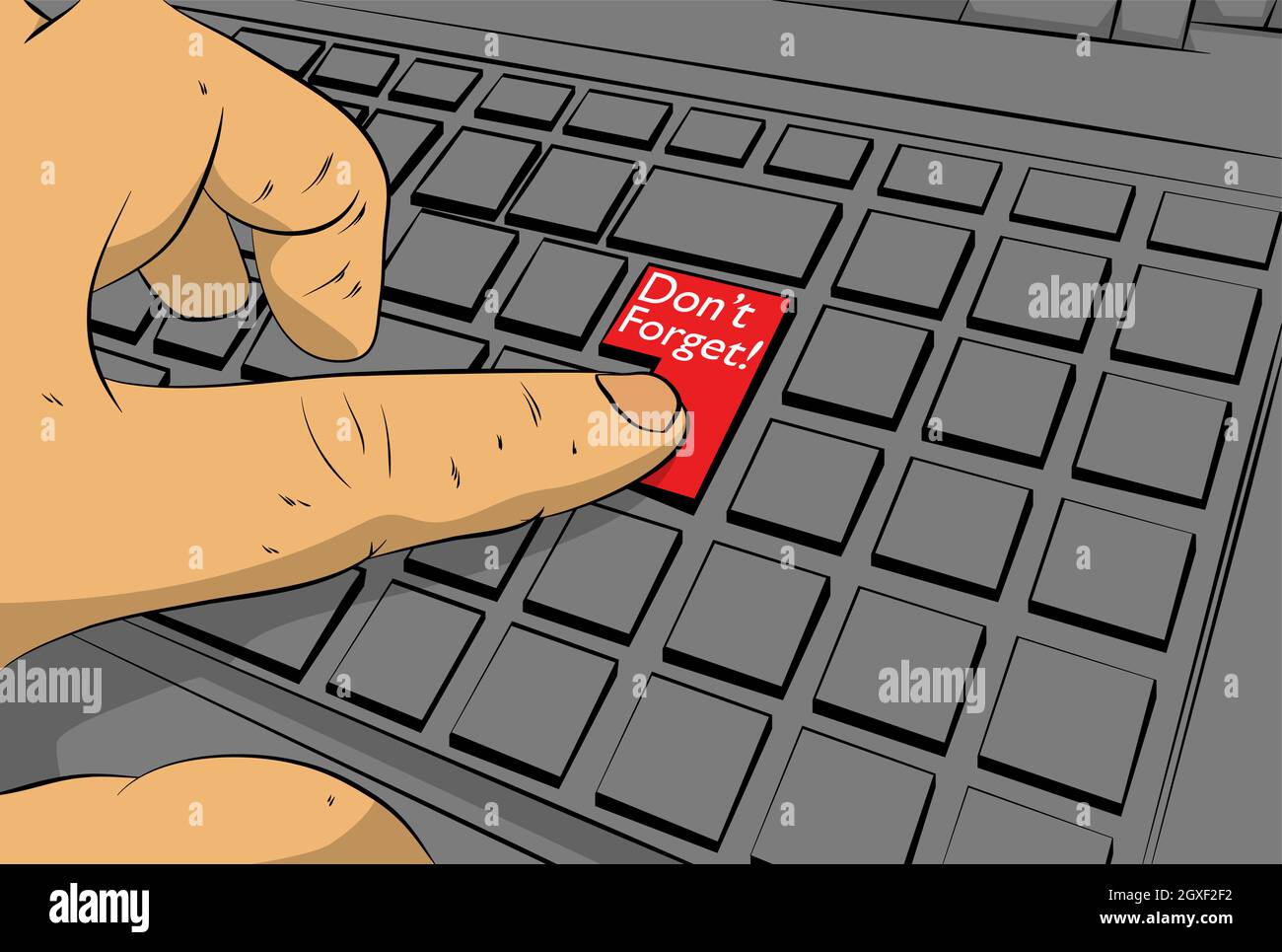 Vergessen Sie das Wort auf der Computertastatur nicht. Mann drückt Tastatur auf der Tastatur. Konzept im Comic-Stil. Stock Vektor