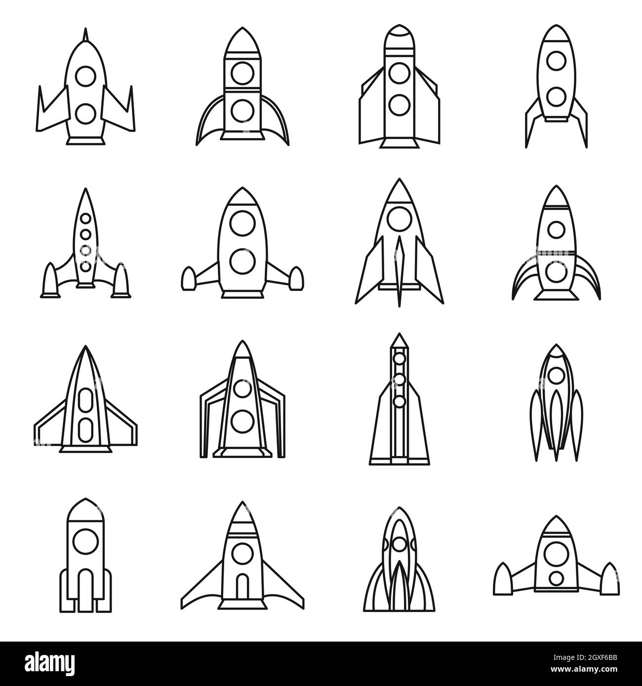 Rocket-Symbole in Umriss-Stil für jedes Design gesetzt Stockfoto