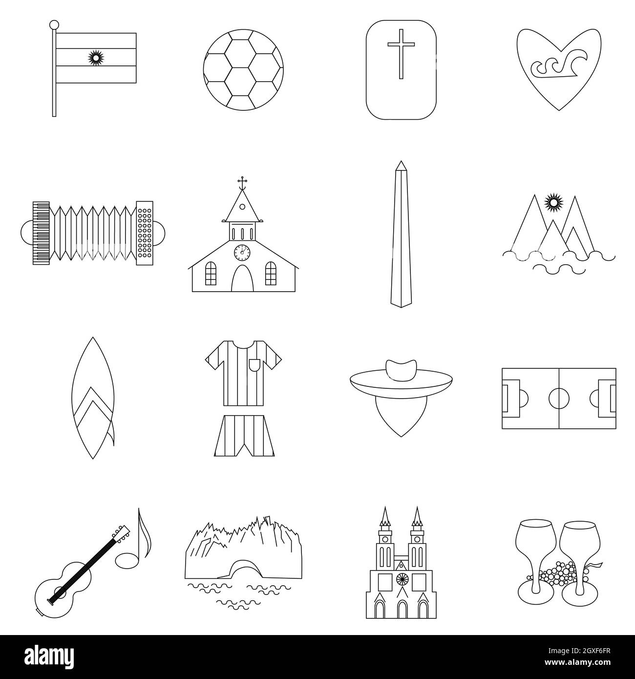 Argentinien umreißt Symbole isoliert auf weißem Hintergrund Stockfoto