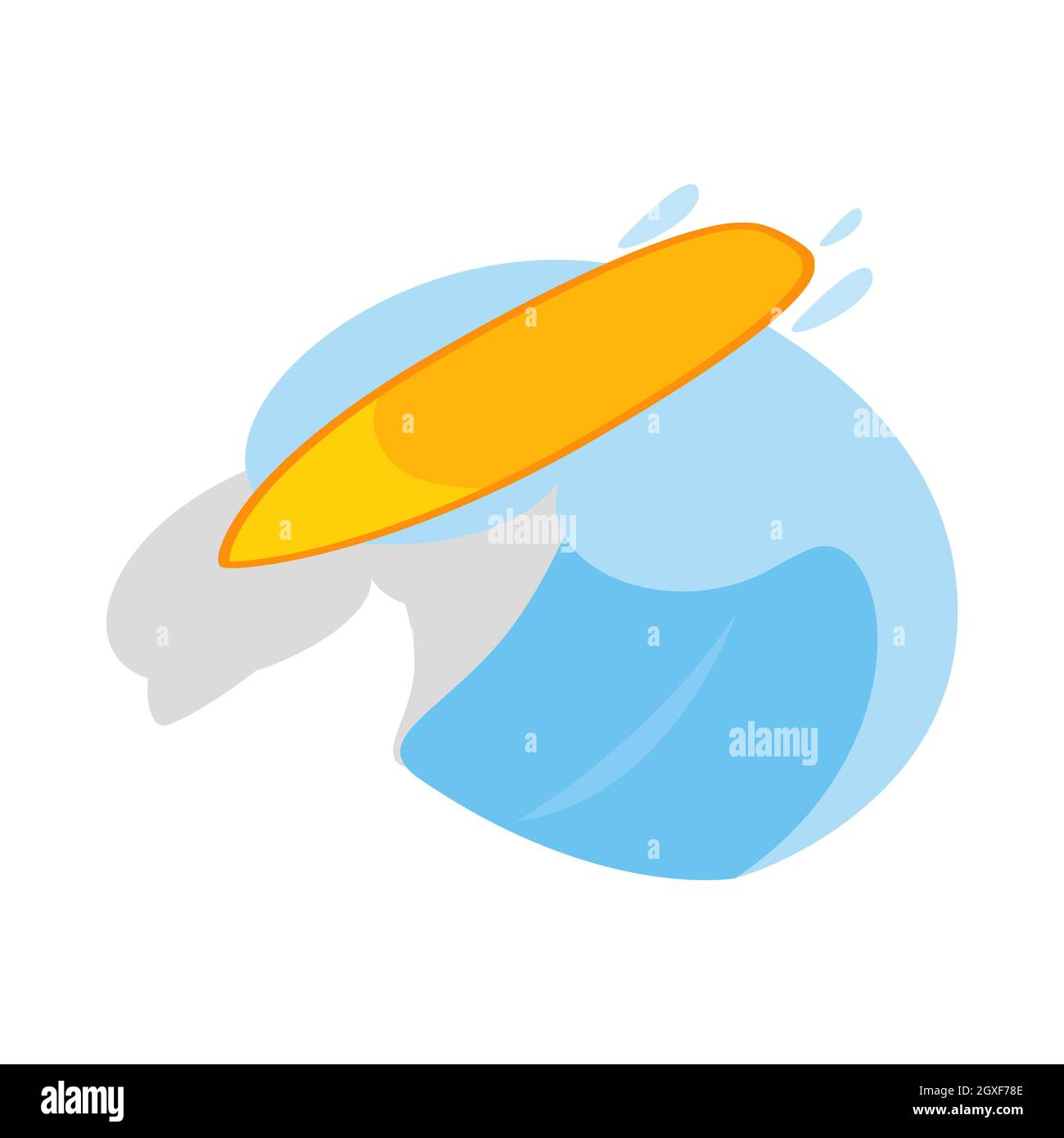 Surfbrett mit Wellensymbol im isometrischen 3d-Stil auf weißem Hintergrund Stockfoto