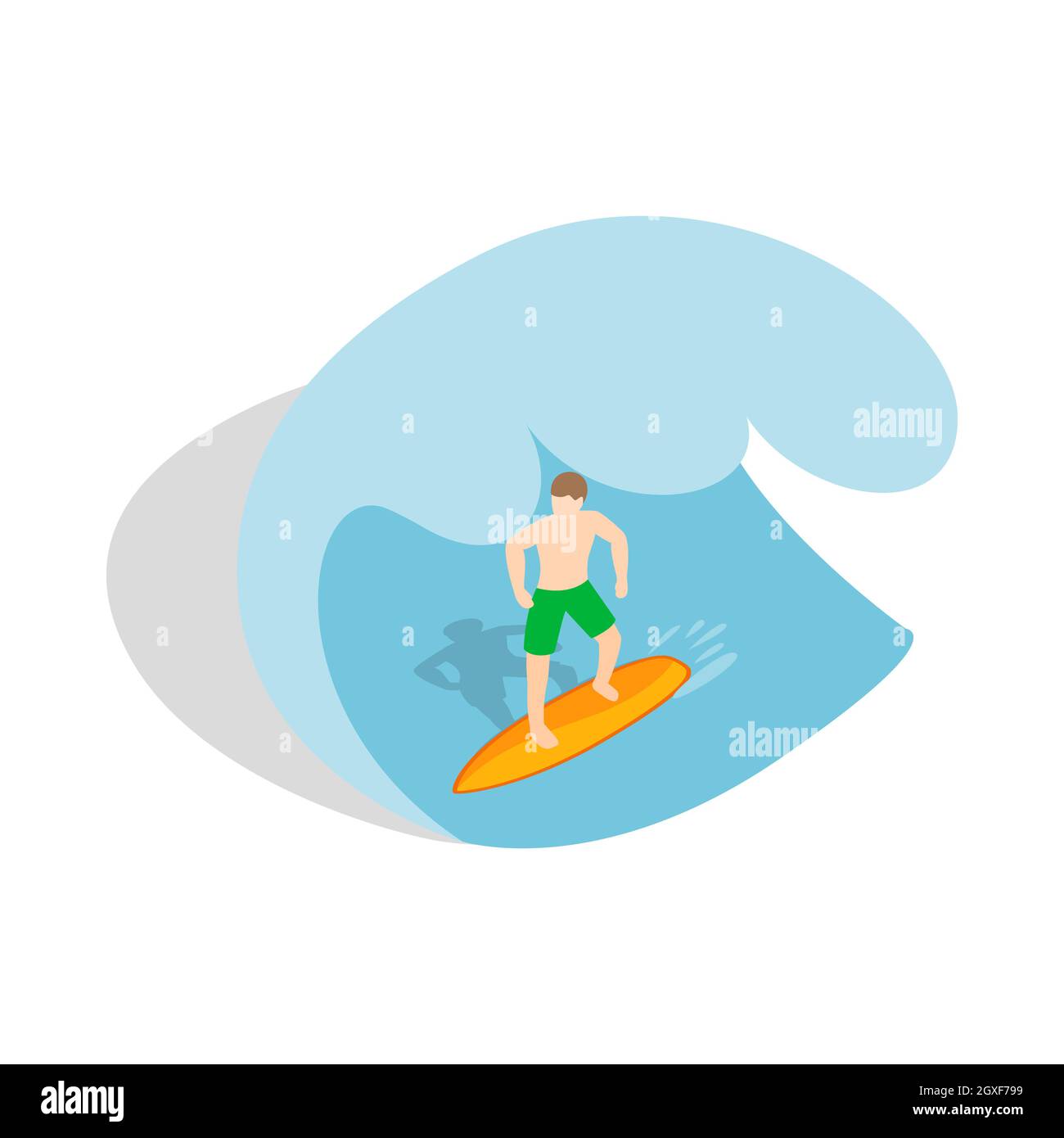 Surfer auf dem Wellensymbol im isometrischen 3d-Stil auf weißem Hintergrund Stockfoto