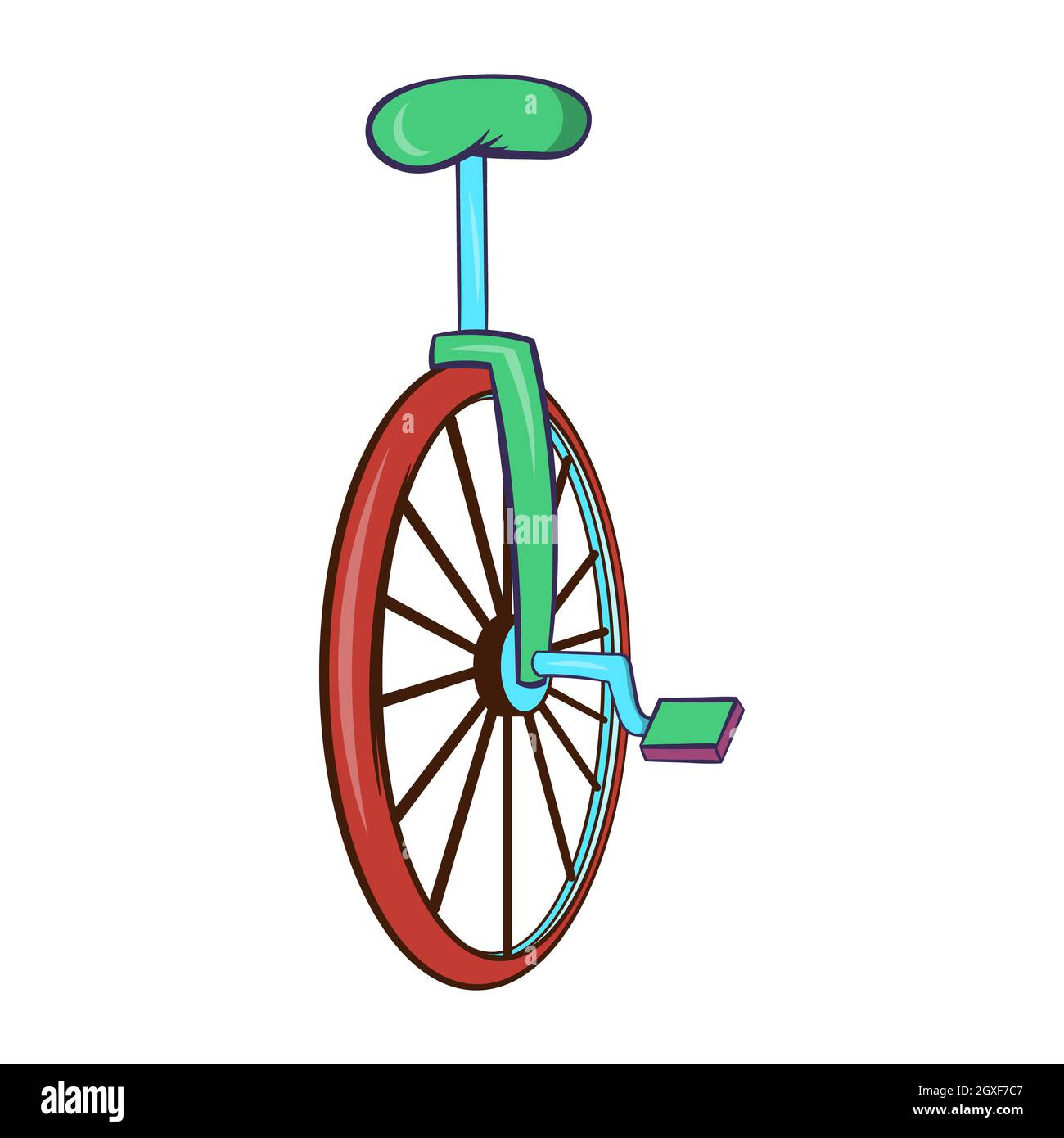 Ein- oder Einrad-Fahrrad-Ikone im Cartoon-Stil auf weißem Hintergrund Stockfoto